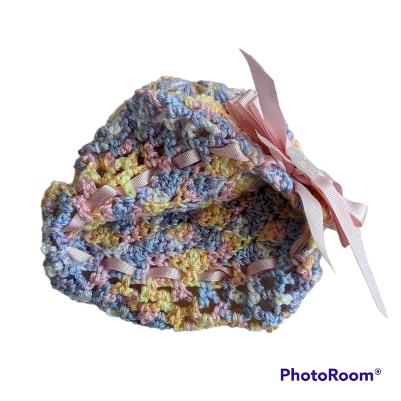 Hand Crocheted Multi Color Pastel Infant Size Beanie Hat with Pink Ribbon Bow - Picture 3 of 8